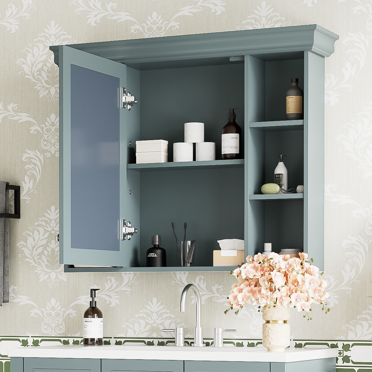 35 ''x 28' 'blue wall mounted bathroom storage cabinet with mirror door and medication cabinet with 6 open shelves - V.I.P Digital Presence