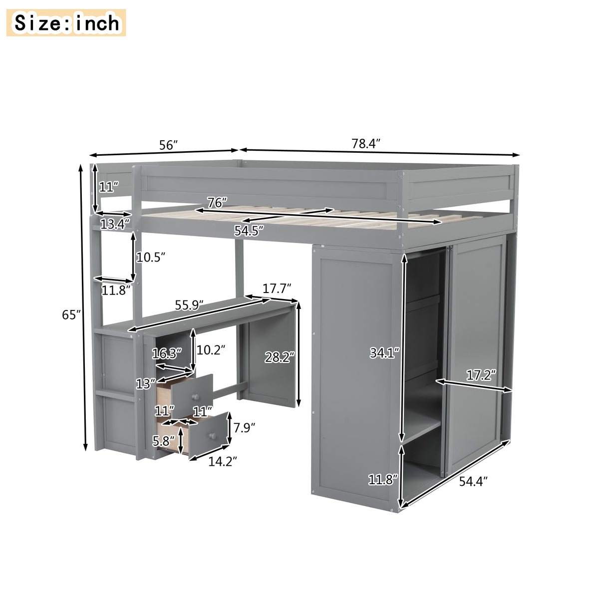 Wood Full Size Loft Bed with Wardrobes and 2-Drawer Desk with Cabinet Gray