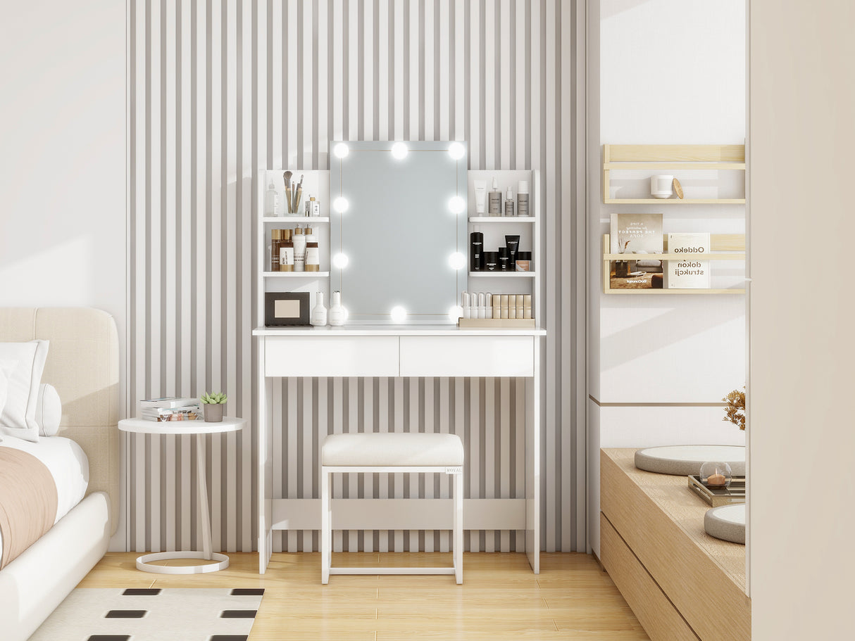 Makeup Vanity Desk With LED Lighted Mirror ,Dressing Table Set With 2 Large Drawers 10 LED Light ,White Color - V.I.P Digital Presence