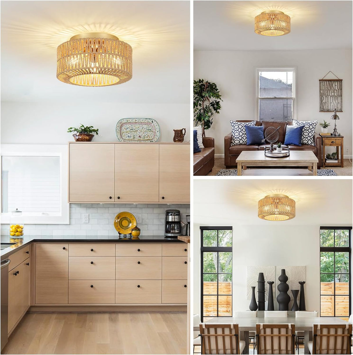 Boho Light Fixtures Ceiling Mount 3-Light Farmhouse Rattan Ceiling Light Fixture Flush Mount Ceiling Light with Hand-Woven Shade - V.I.P Digital Presence