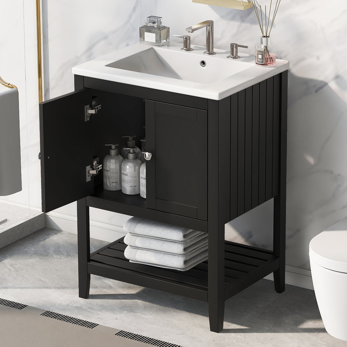 24" Black Modern Sleek Bathroom Vanity Elegant Ceramic Sink with Solid Wood Frame Open Style Shelf - V.I.P Digital Presence