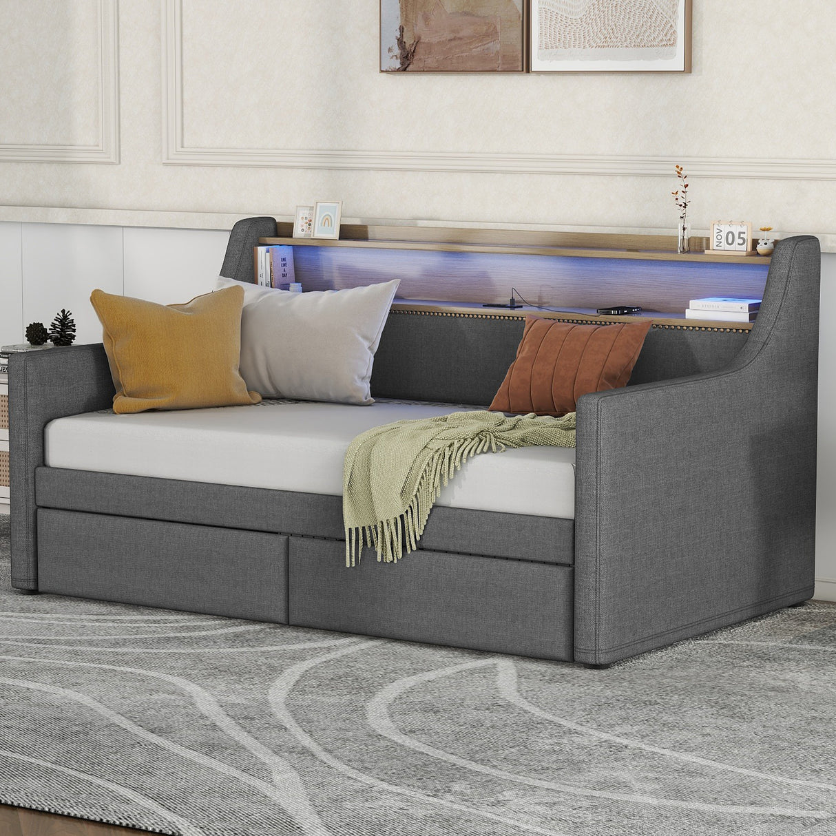 Twin Size Daybed with Storage Drawers, Upholstered Daybed with Charging Station and LED Lights, Gray - V.I.P Digital Presence