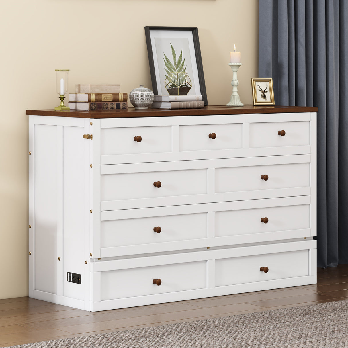 Solid Pine Murphy Bed Chest with Charging Station and Large Storage Drawer for Home Office or Small Room , Queen, White+Walnut - V.I.P Digital Presence