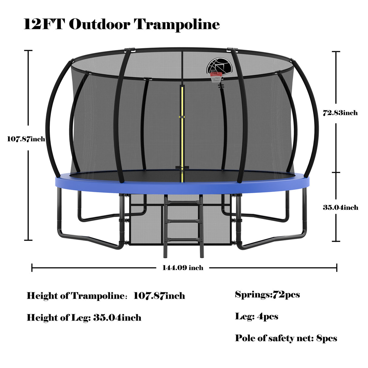 12FT Recreational Kids Trampoline with Safety Enclosure Net & Ladder, Outdoor Recreational Trampolines - V.I.P Digital Presence