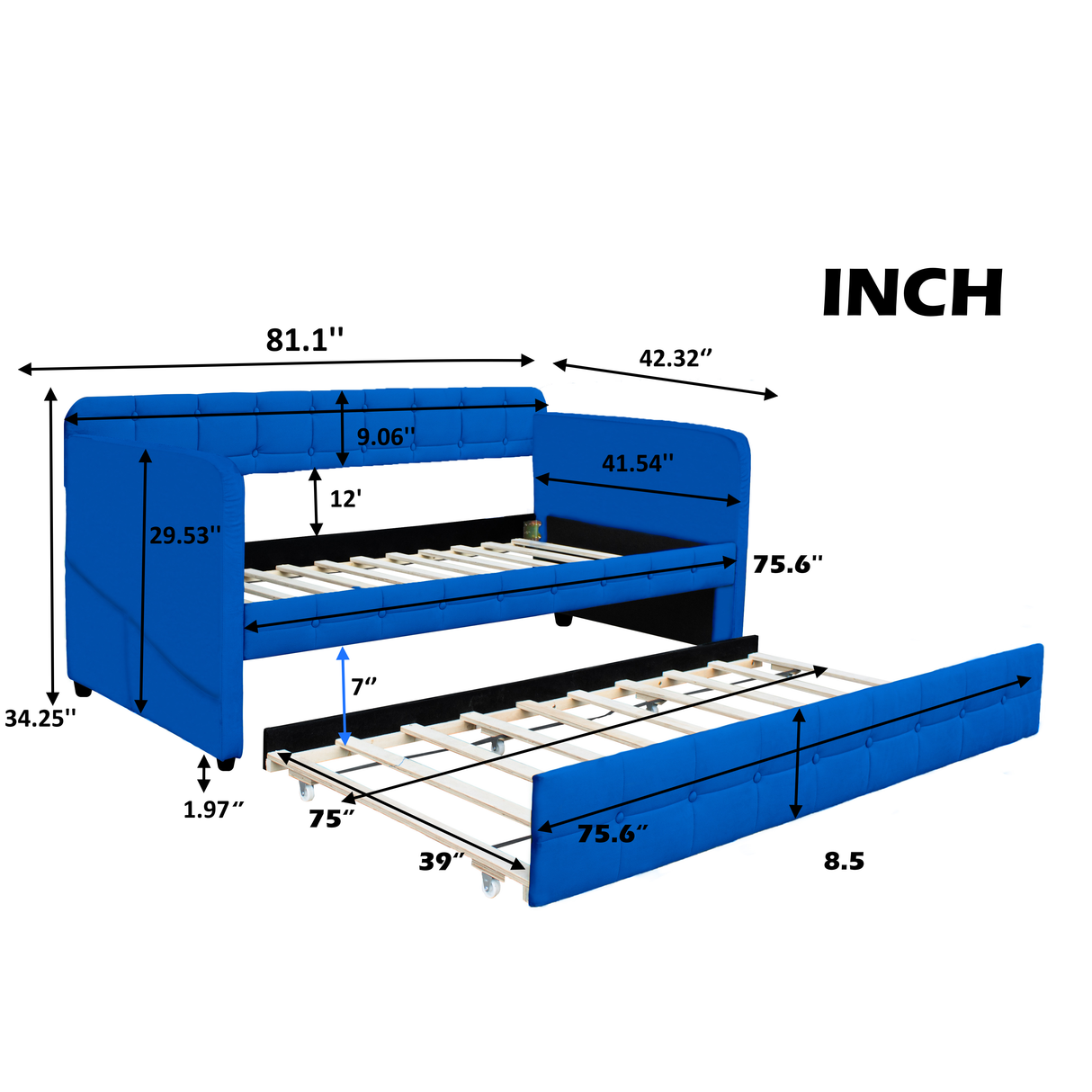 Blue padded twin beds with wheels, velvet fabric, no need for springs - V.I.P Digital Presence