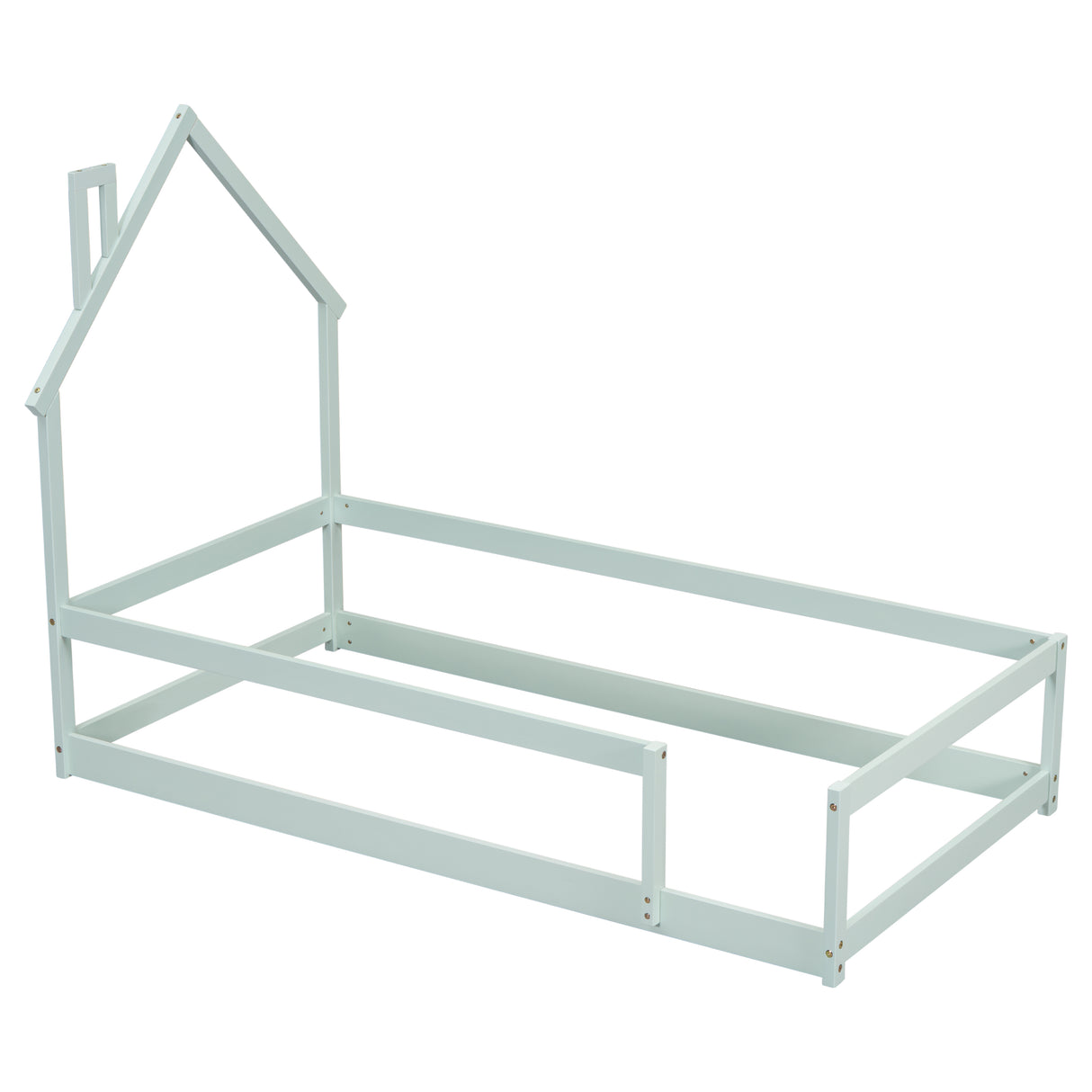 Twin Size Wood bed with House-shaped Headboard Floor bed with Fences,Light Green - V.I.P Digital Presence