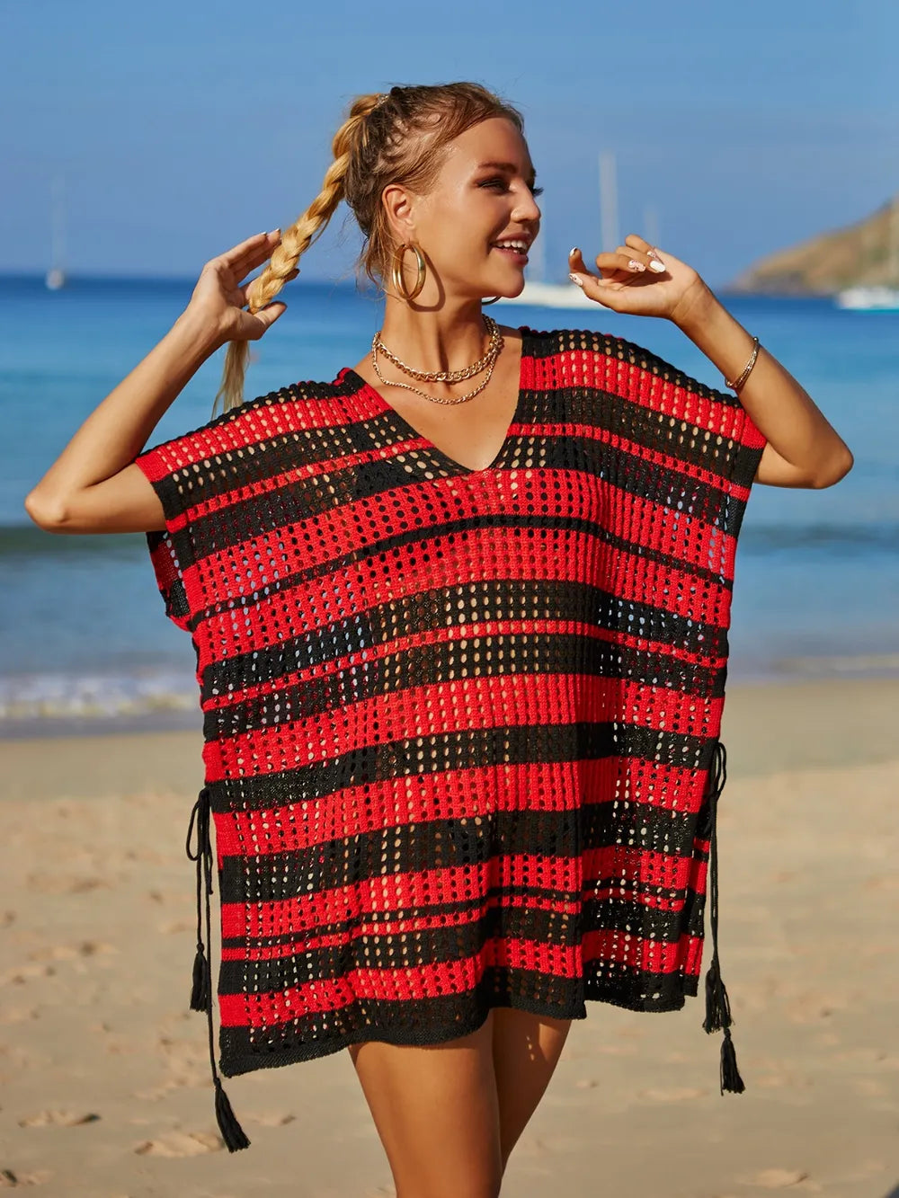 Tassel Openwork Striped V-Neck Cover Up - V.I.P Digital Presence