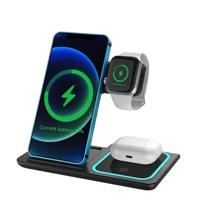 Base de carga inalámbrica 3 en 1 para iPhone 14, 13, 12, 11, X, iWatch 8, 7, Airpods, plegable, 15 W, estación de carga rápida