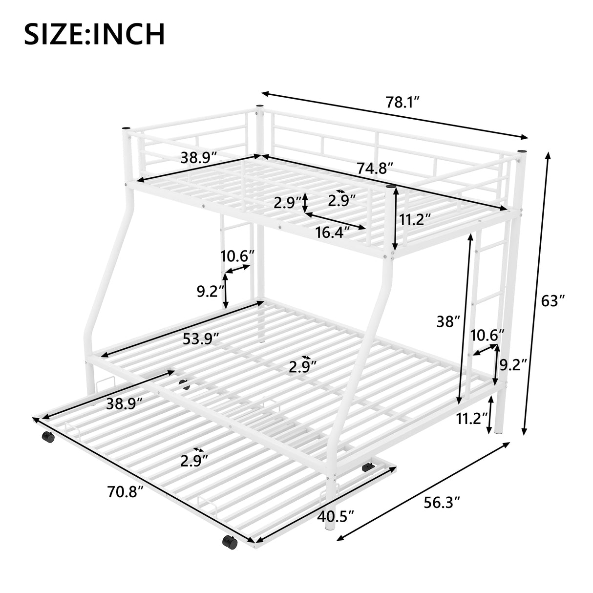 Twin over Full Bed with Sturdy Steel Frame Bunk Bed with Twin Size Trundle Two-Side Ladders White