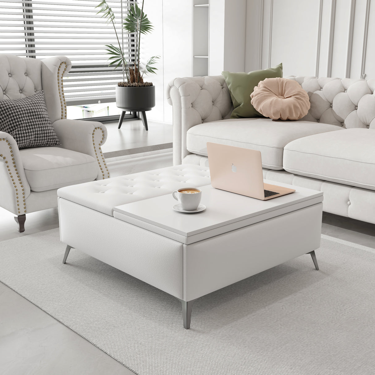 35 inch Wide Square storage benches Coffee Table with Lift Top Oversized Storage Ottoman in Upholstered for Living Room - V.I.P Digital Presence