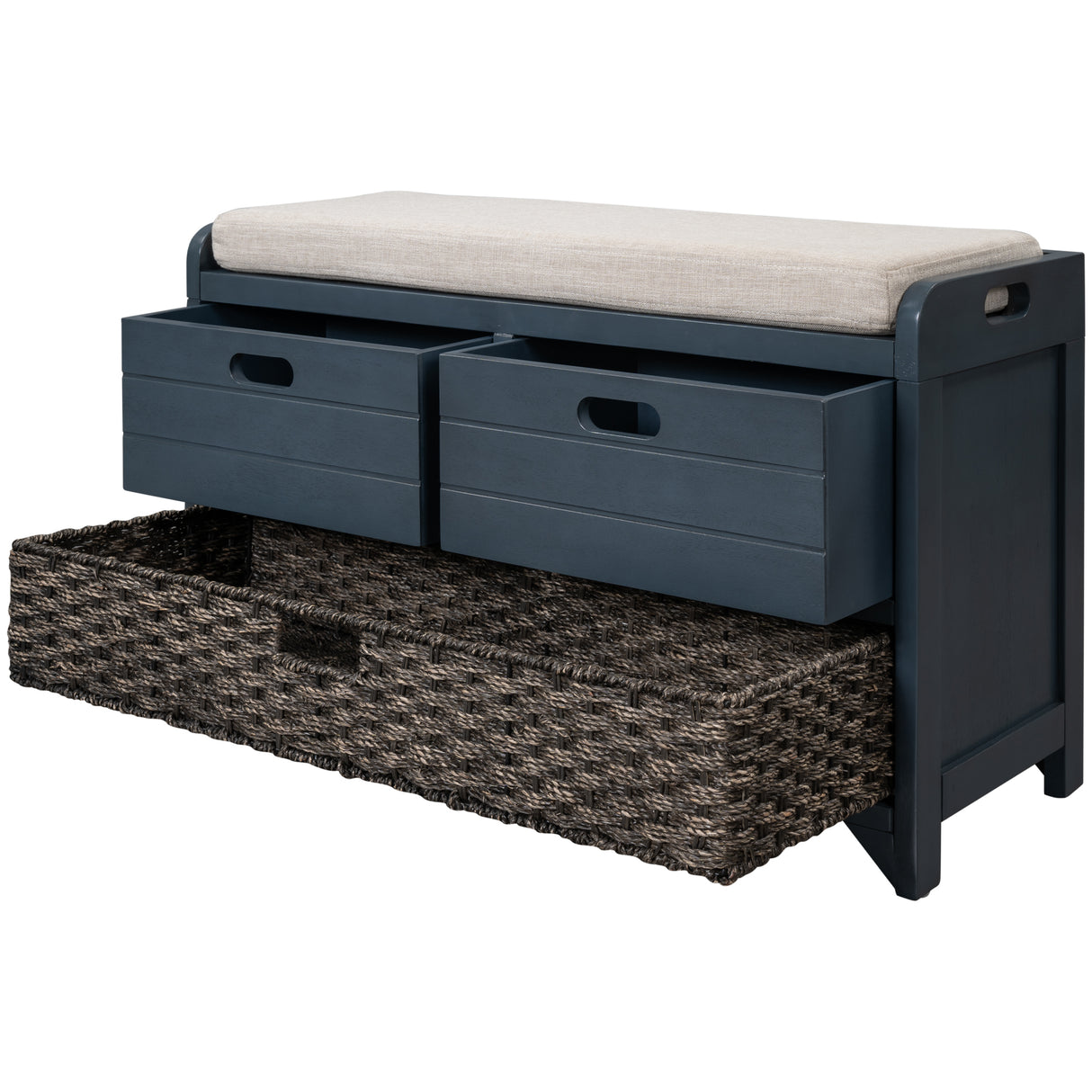 TREXM Storage Bench with Removable Basket and 2 Drawers, Fully Assembled Shoe Bench with Removable Cushion (Navy) - V.I.P Digital Presence