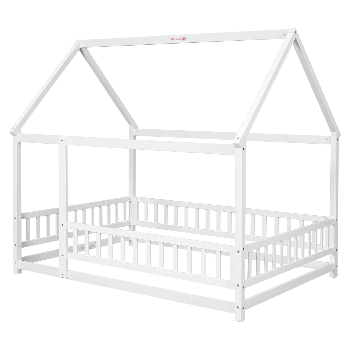 Full Size Floor Wooden Bed with House Roof Frame, Fence Guardrails ,White - V.I.P Digital Presence