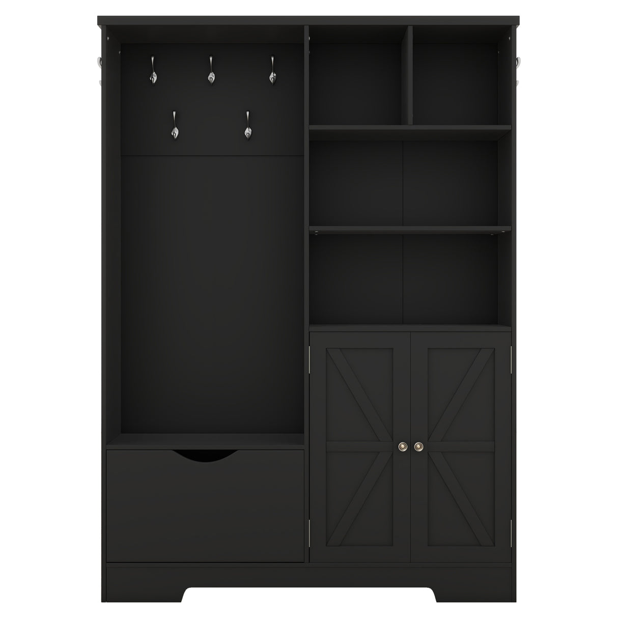 Multi-functional Hall Tree with Storage Shelves Drawers and Cabinet, Elegant Hallway Shoe Cabinet with Bench Modern Black - V.I.P Digital Presence