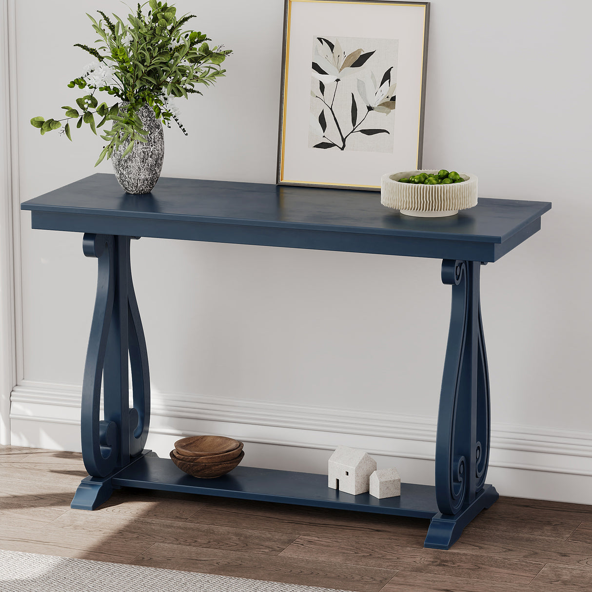 48-Inch Rustic Vintage Console Table --- Farmhouse Style Entryway Table with Open Shelf and Sturdy Construction (Navy) - V.I.P Digital Presence