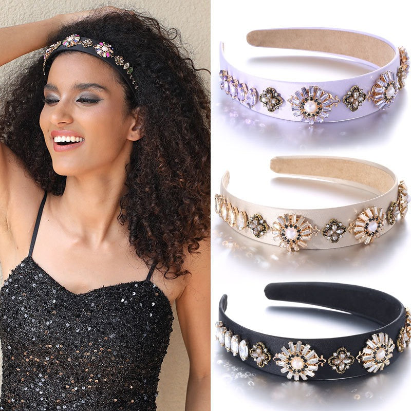 Fashionable Baroque Retro Set Water Diamond Flower Wide Edge Pearl Hair Hoop - V.I.P Digital Presence