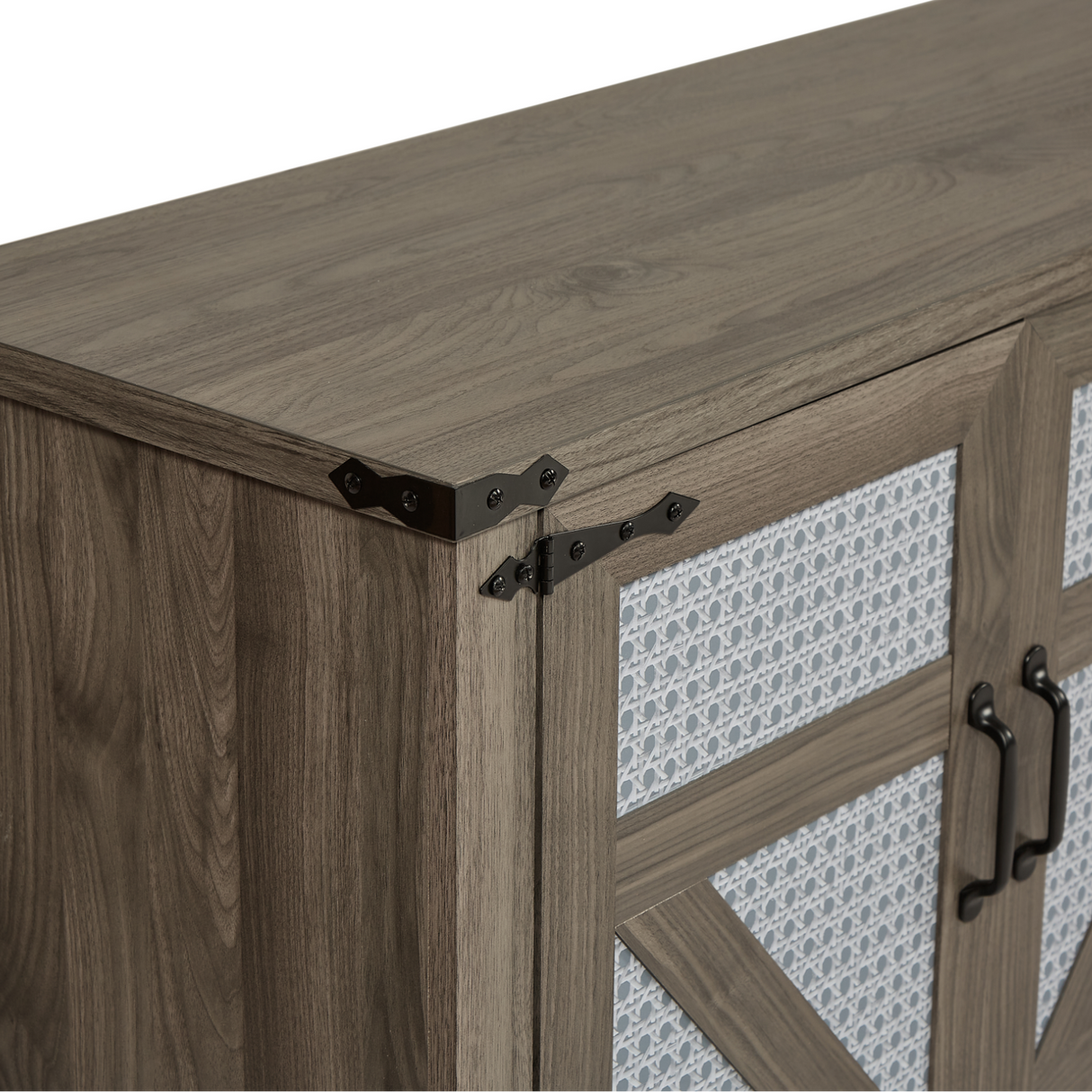 65-Inch Slate Gray Faux Rattan Sideboard with Barn Doors Rustic Sideboard, 4-Door Storage for Living Room, Entryway, Bedroom - V.I.P Digital Presence