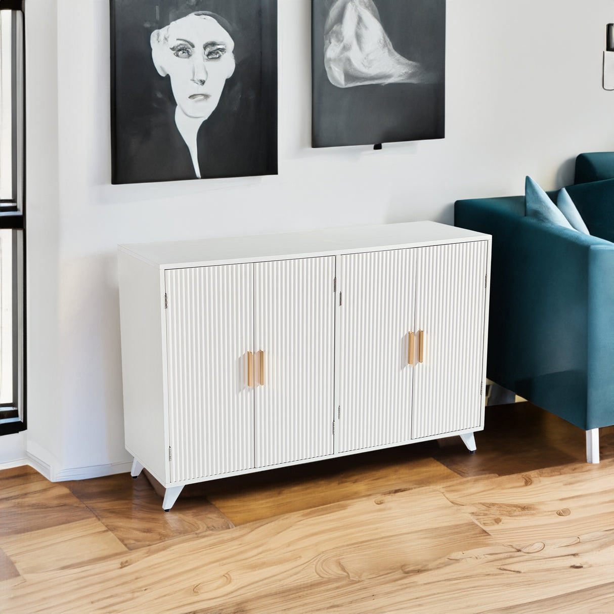 Sideboard Buffet cabinet with 4 doors and removable shelves, for living room, dining room, ivory white - V.I.P Digital Presence