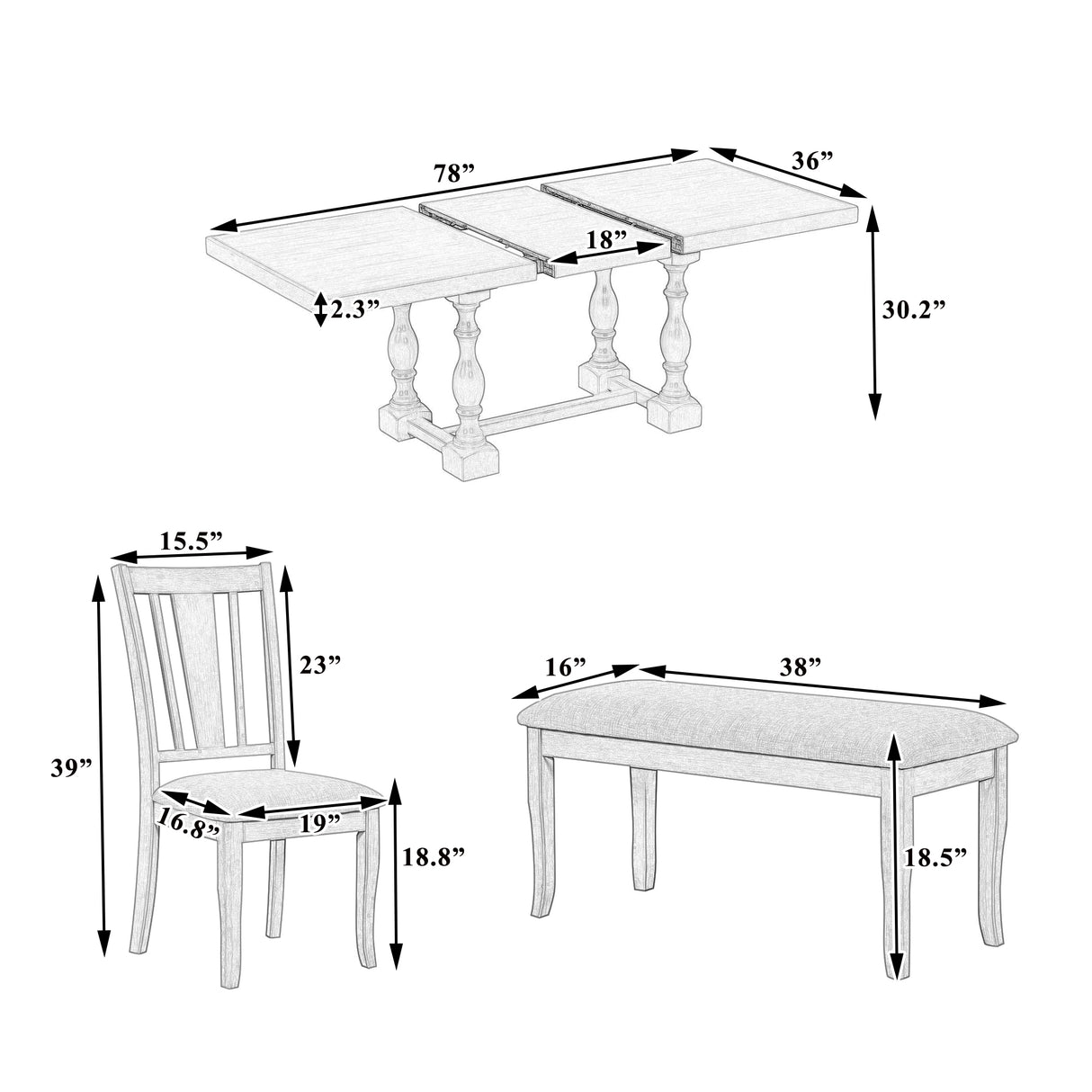 Traditional 6-Piece 78inch Trestle Extendable Dining Table Set with One 18inch Removable Leaf Distressed White - V.I.P Digital Presence