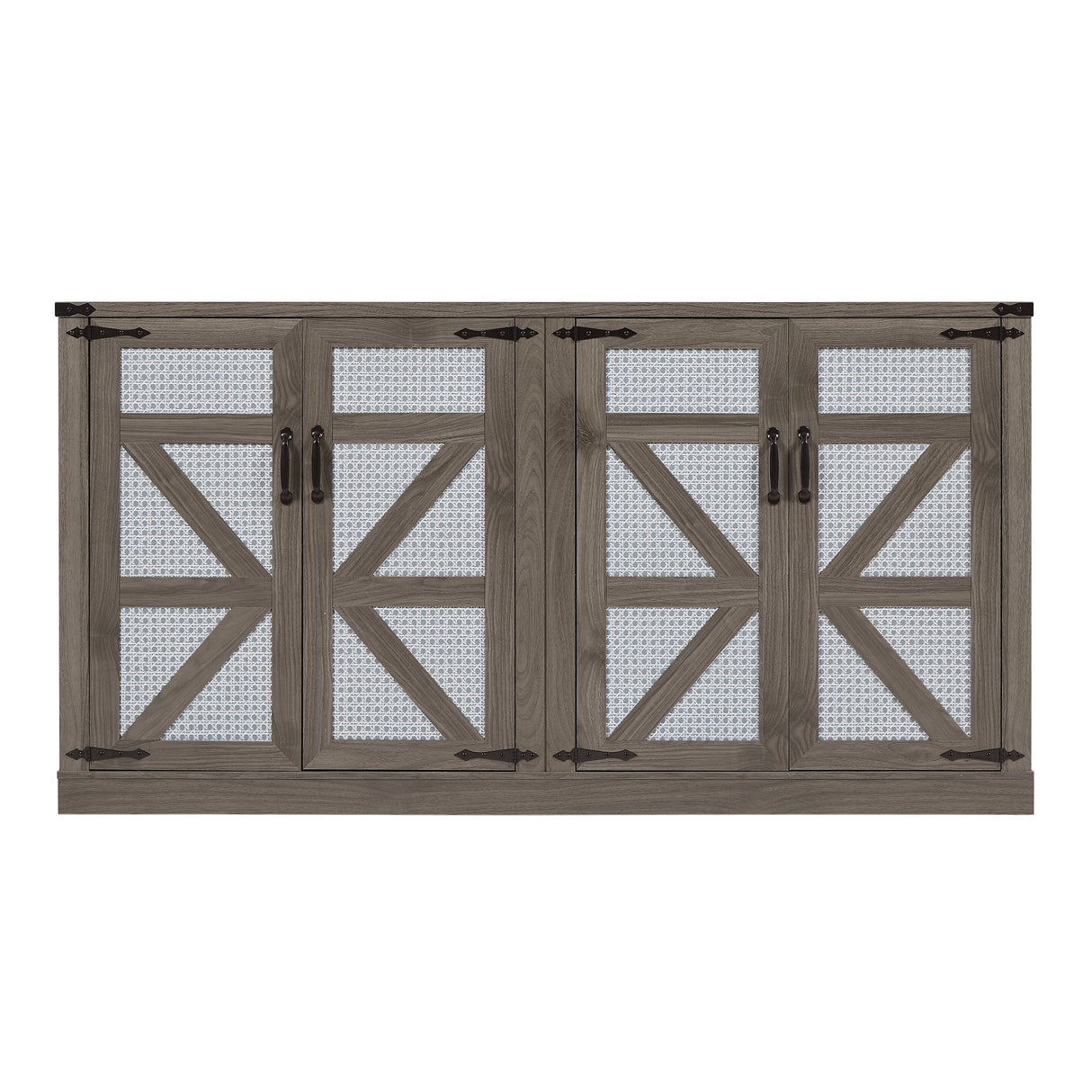 65-Inch Slate Gray Faux Rattan Sideboard with Barn Doors Rustic Sideboard, 4-Door Storage for Living Room, Entryway, Bedroom - V.I.P Digital Presence
