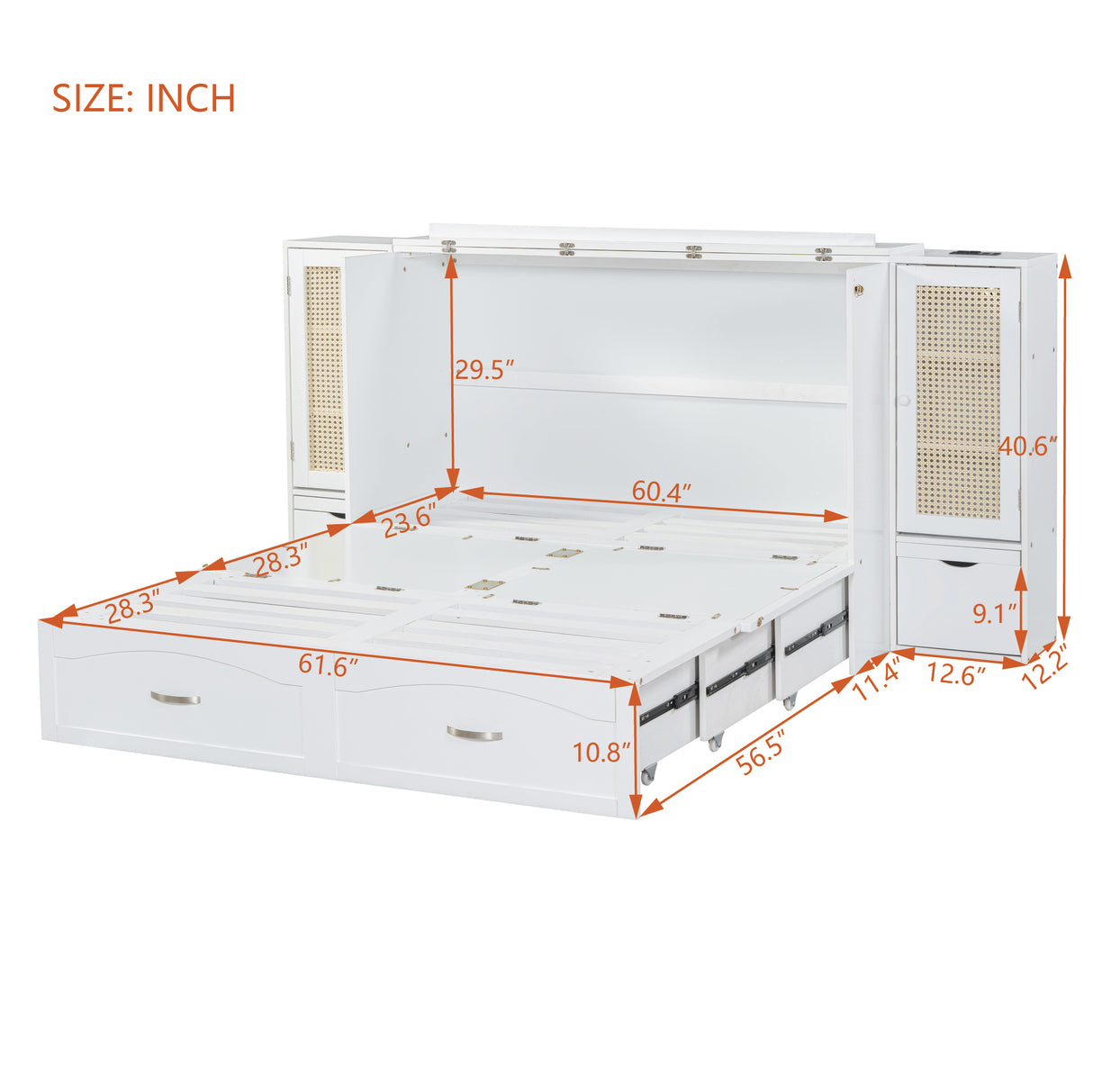 Large Murphy bed wall mounted bed with drawers, 2 storage cabinets, 1 set of sockets and USB ports, white - V.I.P Digital Presence