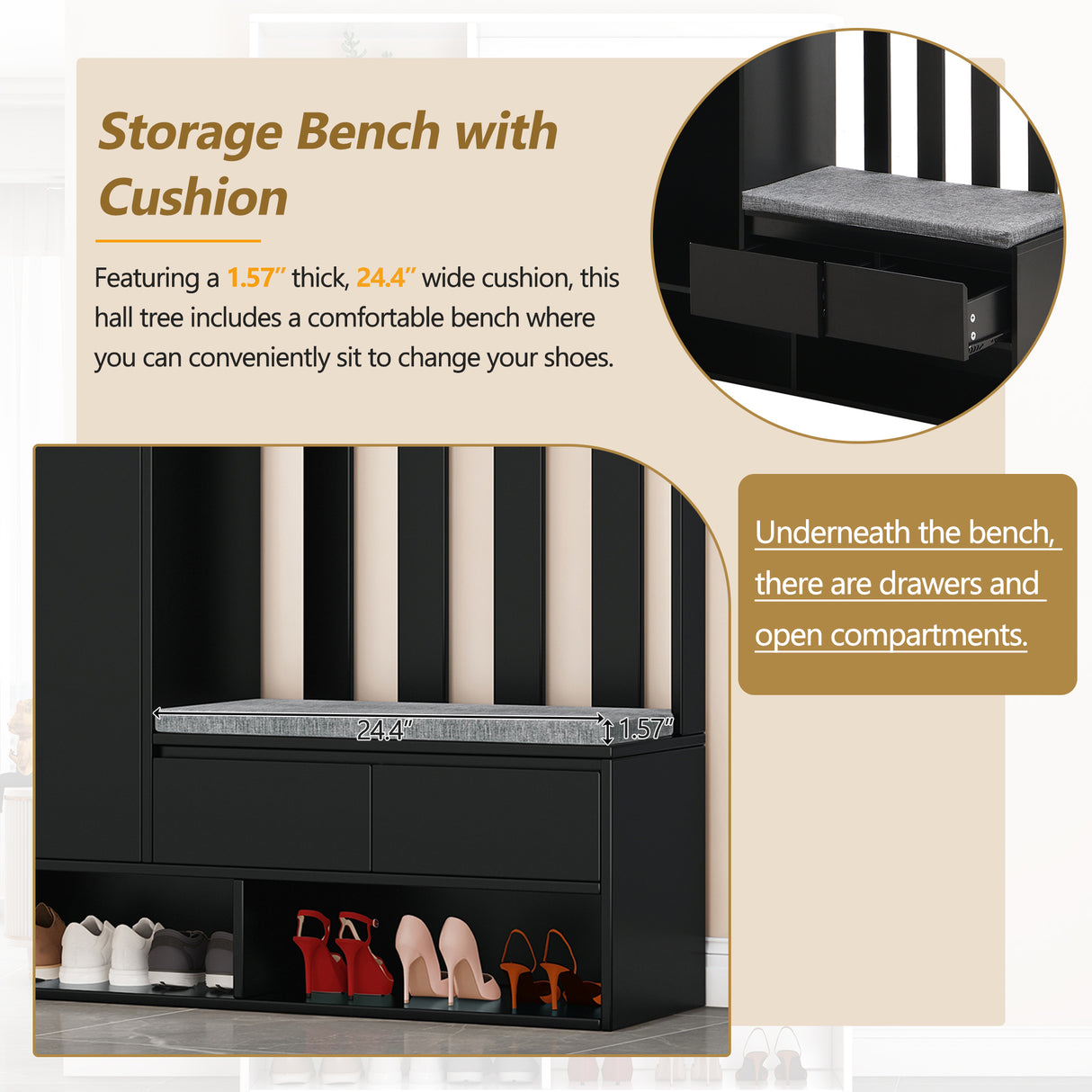 39.3'W70.8'H multifunctional corridor shoe cabinet with soft padded nail board and black hanger with entrance hook - V.I.P Digital Presence