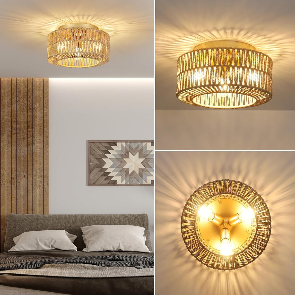 Boho Light Fixtures Ceiling Mount 3-Light Farmhouse Rattan Ceiling Light Fixture Flush Mount Ceiling Light with Hand-Woven Shade - V.I.P Digital Presence