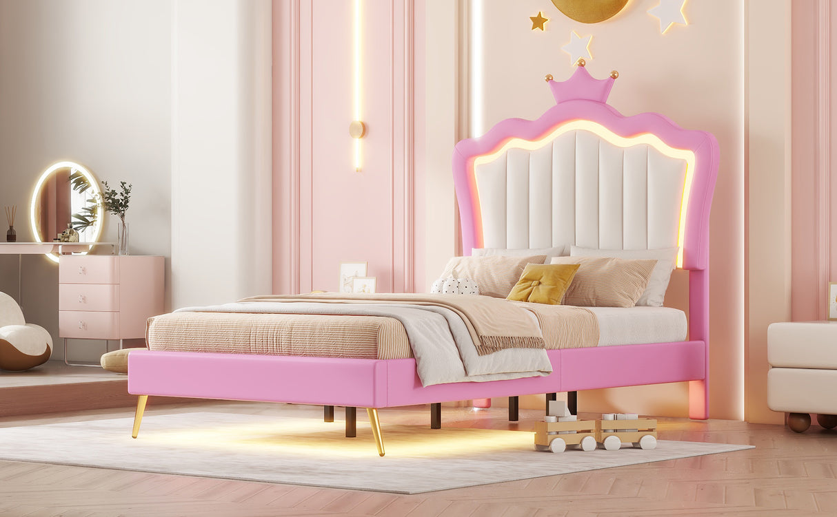 Twin Size Upholstered Bed Frame with LED Lights, Modern Upholstered Princess Bed with Crown Headboard, Pink+White - V.I.P Digital Presence