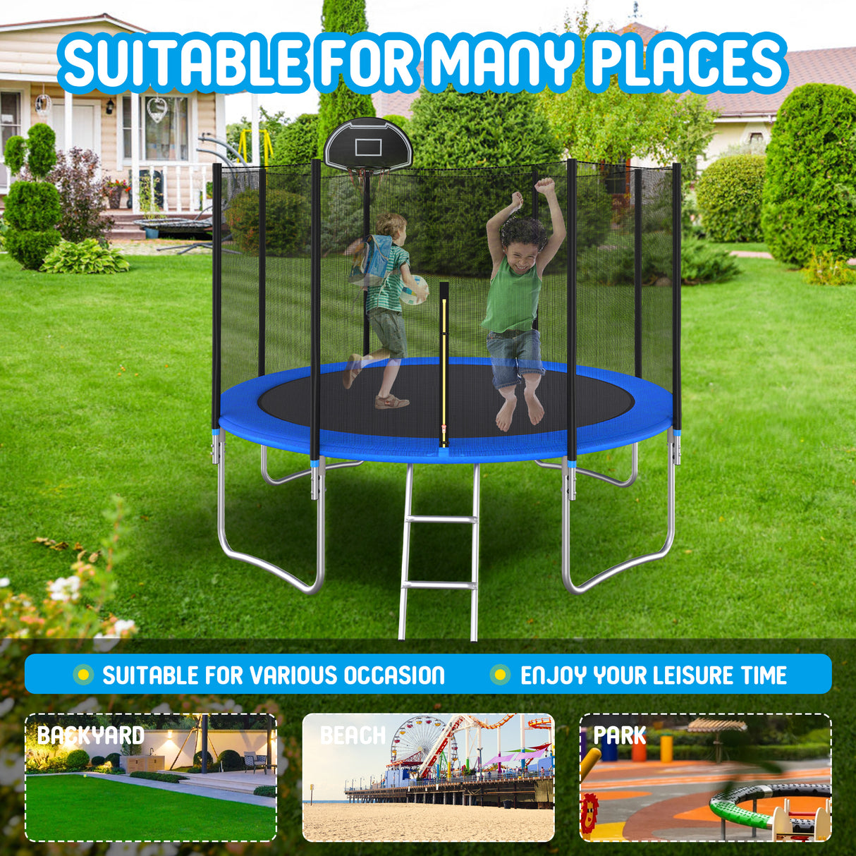 14 FT TRAMPOLINE OUTSIDE SAFETY NET WITH BASKETBALL HOOP - V.I.P Digital Presence