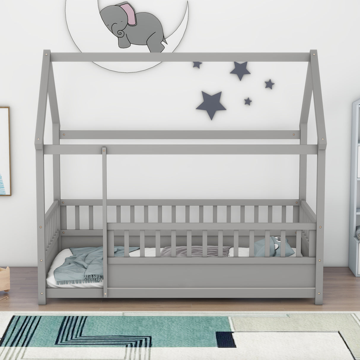 Twin Size Floor Wooden Bed with House Roof Frame Fence Guardrails Grey - V.I.P Digital Presence