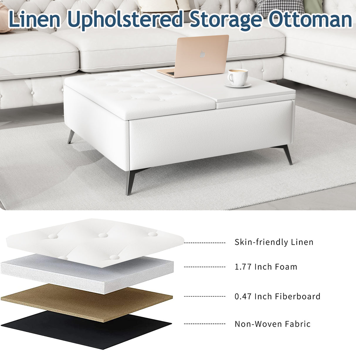 35 inch Wide Square storage benches Coffee Table with Lift Top Oversized Storage Ottoman in Upholstered for Living Room - V.I.P Digital Presence