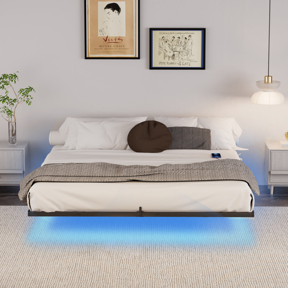 Floating Bed Frame King Size with LED Lights & charging station, Metal Platform Queen Bed, 79.9'' L x 76.2'' W x 7.9'' H. - V.I.P Digital Presence