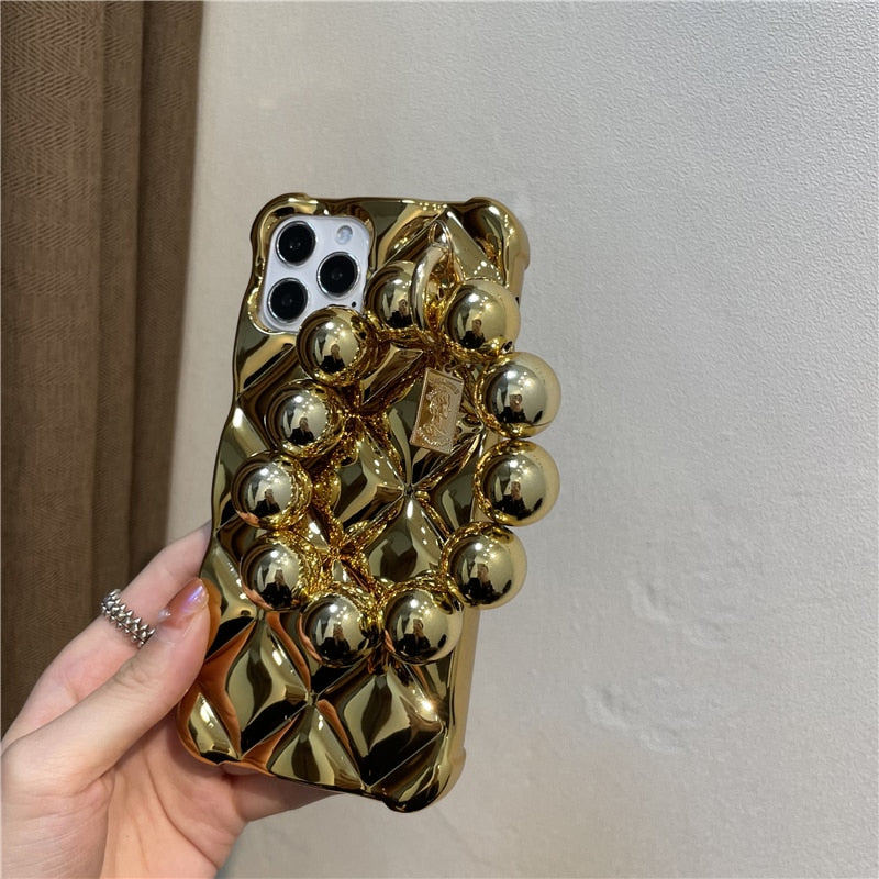 Funda de teléfono suave de lujo con cadena colgante y cuentas redondas chapadas en diamantes para iPhone 14, 13, 11, 12 Pro Max, 7, 8 Plus, X, XR, XS, SE 2020