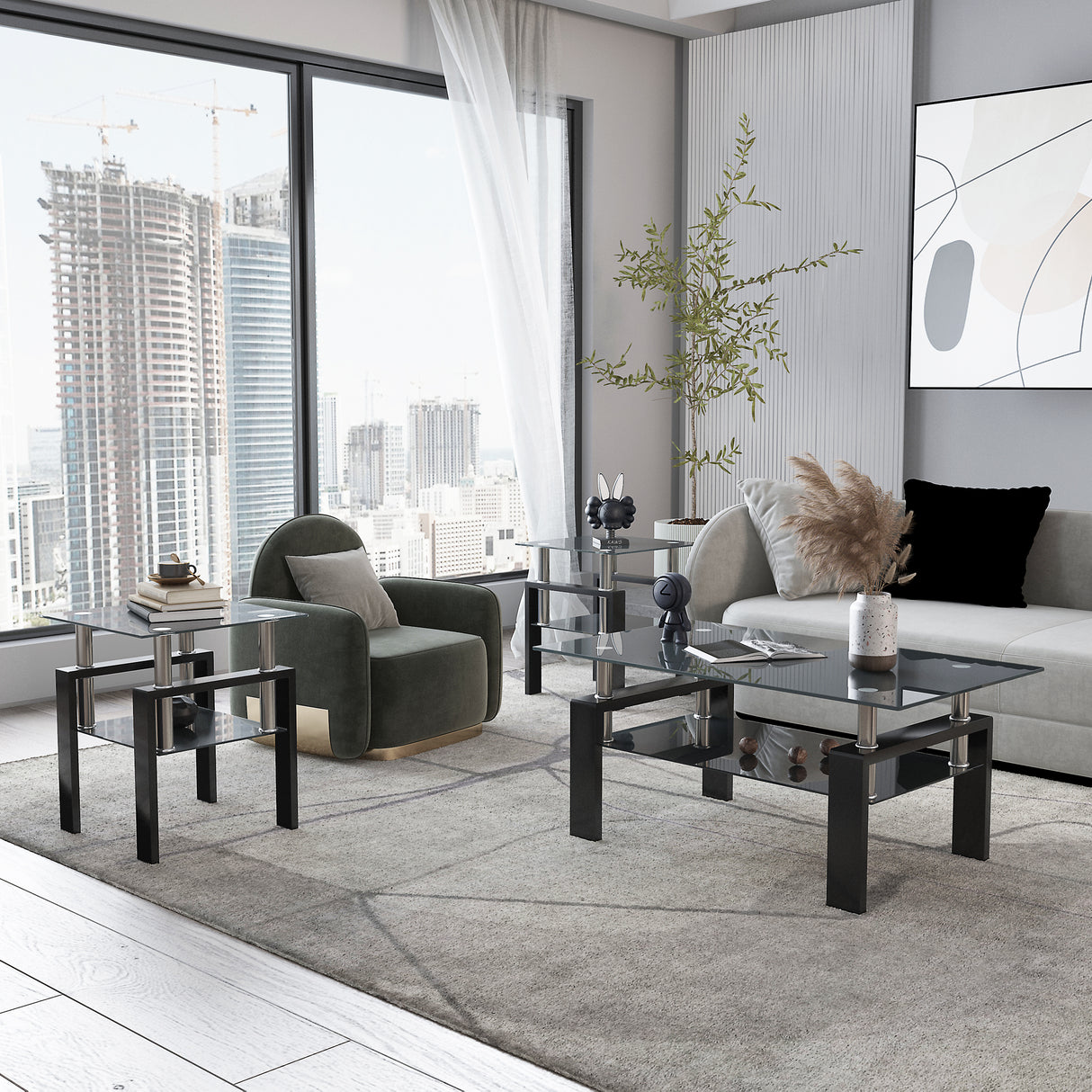 Set of 2, Modern Tempered Glass Tea Table Coffee Table End Table, Square Table for Living Room, Black - V.I.P Digital Presence