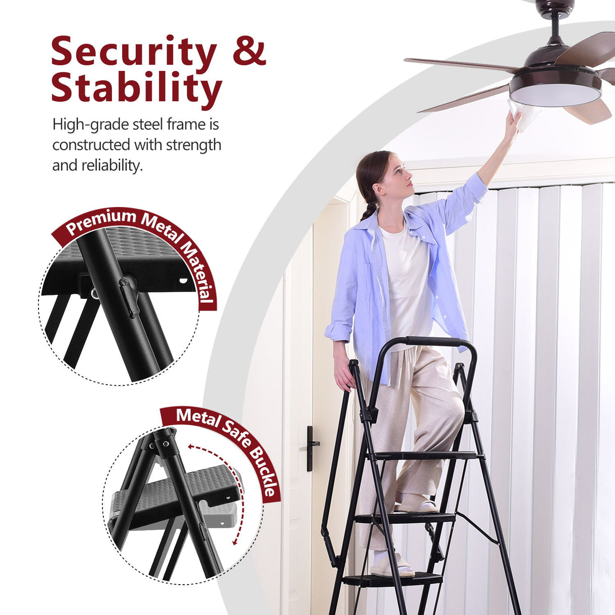 Four step ladder, lightweight folding four step stool, wide anti slip pedal and safety handle, sturdy steel ladder - V.I.P Digital Presence