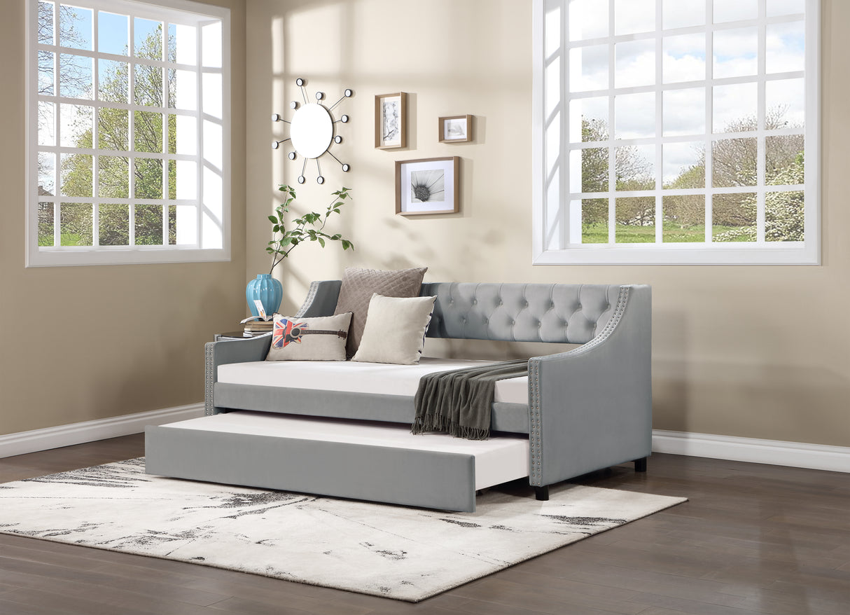 Twin Size Upholstered Daybed with Trundle Sturdy Wood Bedframe w/ Bedframe Tufted Button & Copper Nail on Arms Design - V.I.P Digital Presence