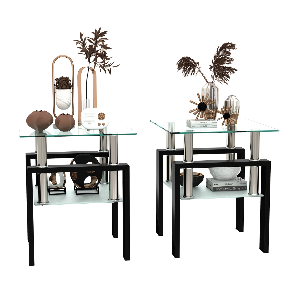 Set of 2, Modern Tempered Glass Tea Table Coffee Table End Table, Square Table for Living Room, Transparent/Black - V.I.P Digital Presence