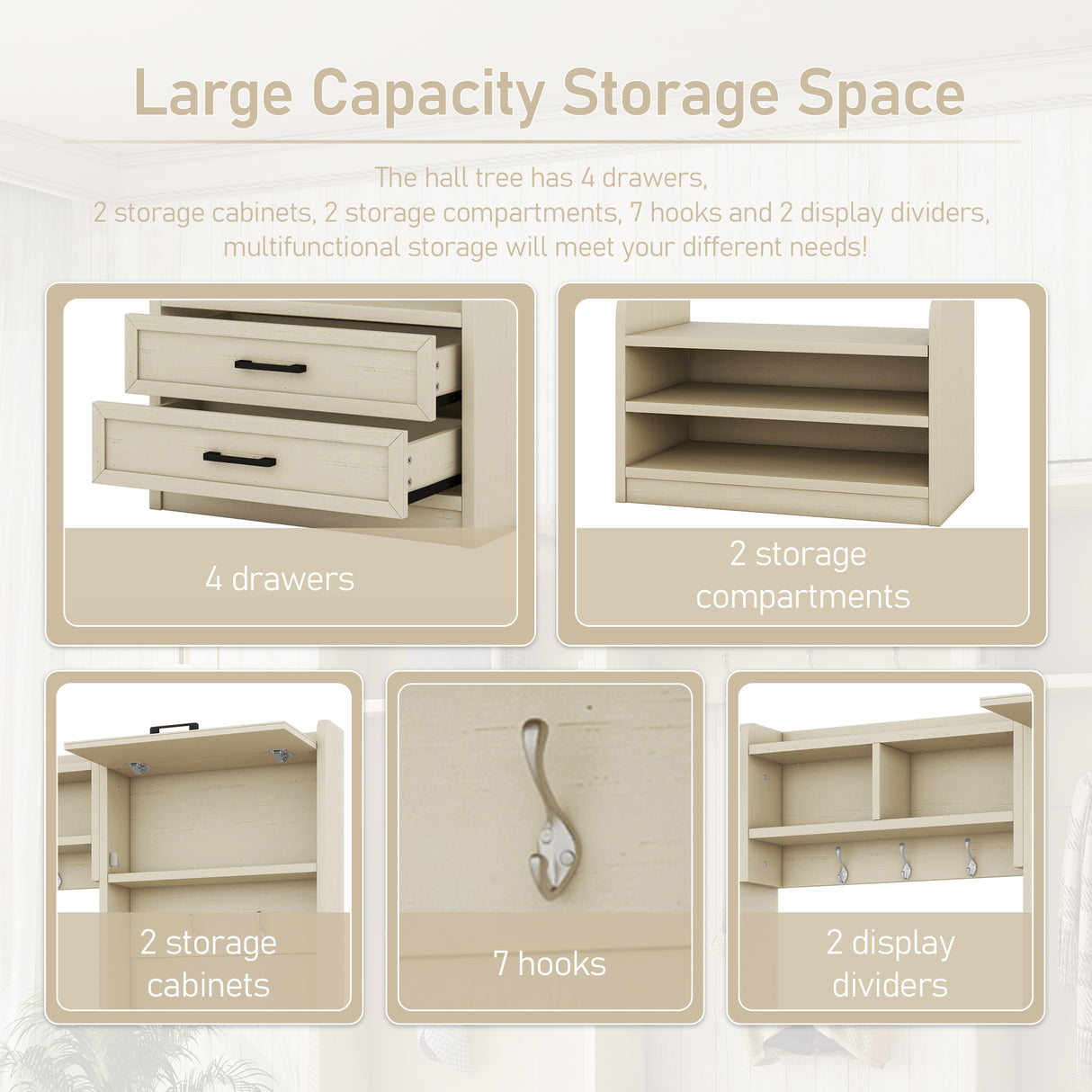 Four in one detachable hall tree with drawers and cabinets, 7 hooks, multifunctional corridor hangers, antique beige shoe stools - V.I.P Digital Presence