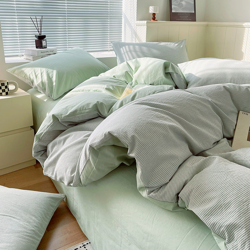 Juego de ropa de cama de algodón lavado teñido de algodón puro de clase A, sábana plana, funda de edredón, sábana ajustable, funda de edredón, juego de tres piezas a rayas