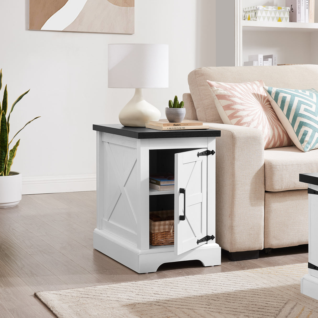 Farmhouse tea table bedside table rectangular farmhouse tea table with barn door and adjustable storage rack, white - V.I.P Digital Presence