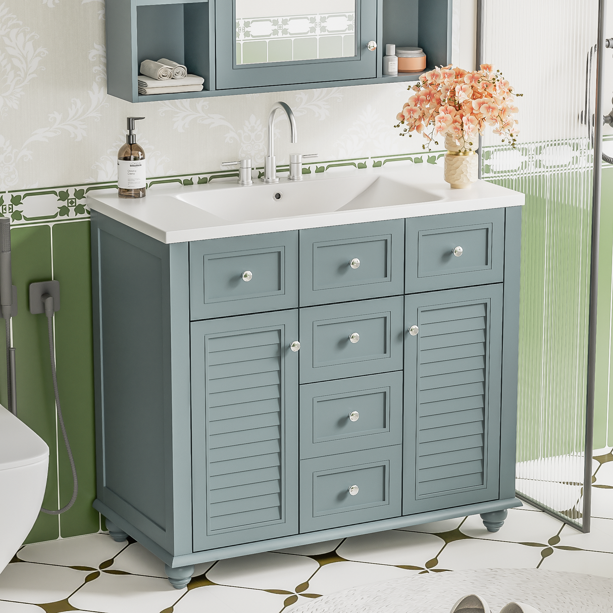 36 "bathroom makeup cabinet with resin sink combination and 2 drawers, with soft closing door, blue color - V.I.P Digital Presence
