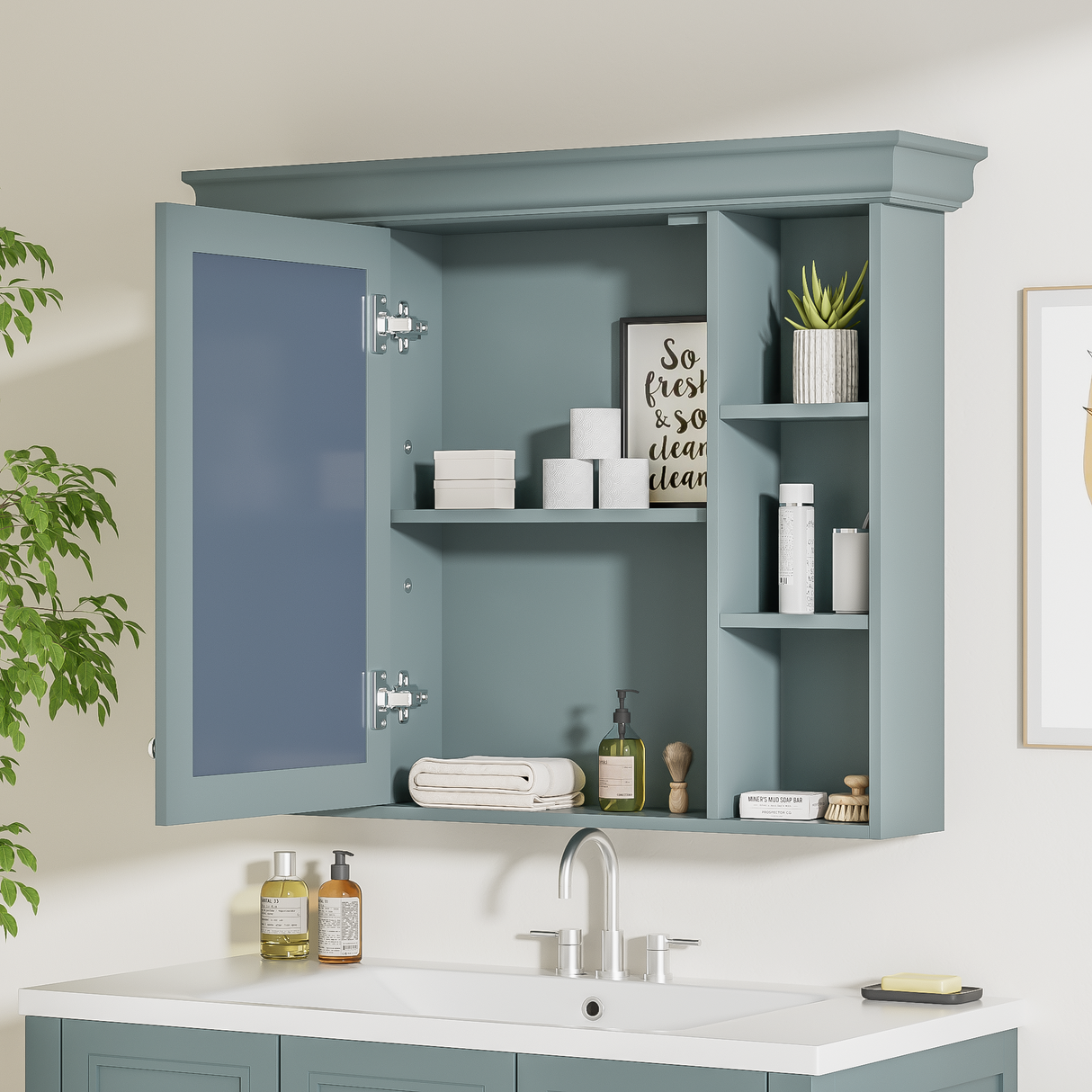 35 ''x 28' 'blue wall mounted bathroom storage cabinet with mirror door and medication cabinet with 6 open shelves - V.I.P Digital Presence