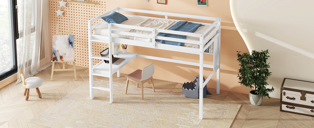 Twin Loft Bed with built-in desk and bookcase of three compartments, Guardrails and Ladder,White - V.I.P Digital Presence