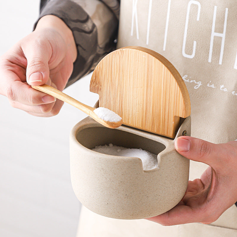 Japanese Ceramic Bamboo and Wood Lid Seasoning Jar Seasoning Box Kitchen Seasoning Storage Jar Salt Sugar Jar Set - V.I.P Digital Presence