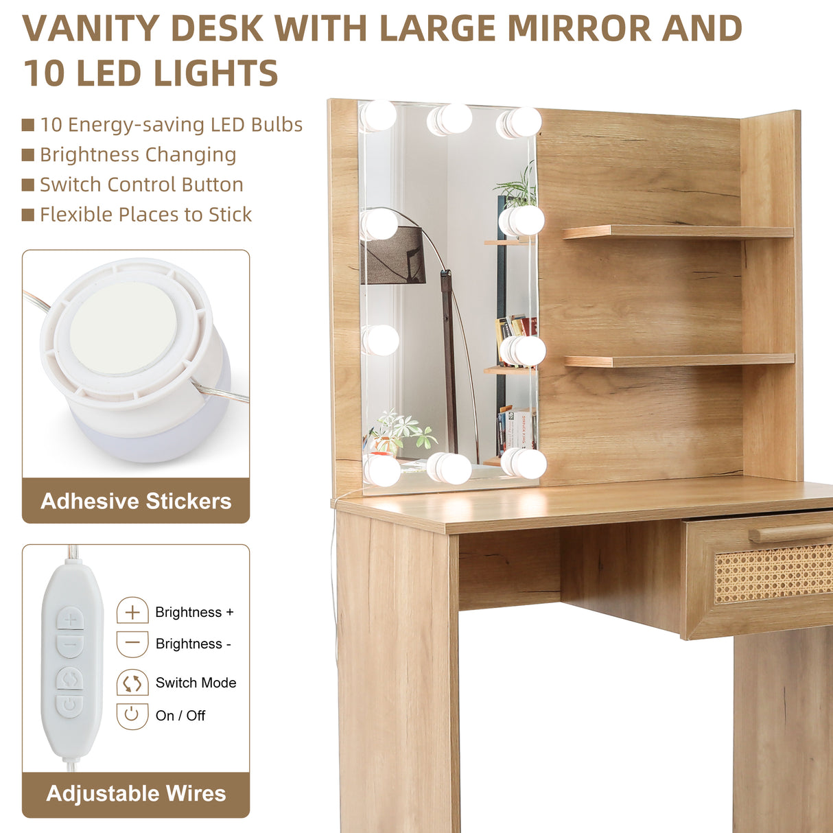 Vanity Desk Set Stool & Dressing Table with LED Lighting Mirror Drawer and Wood Cosmetic Table Chest of Drawers Nature Color - V.I.P Digital Presence