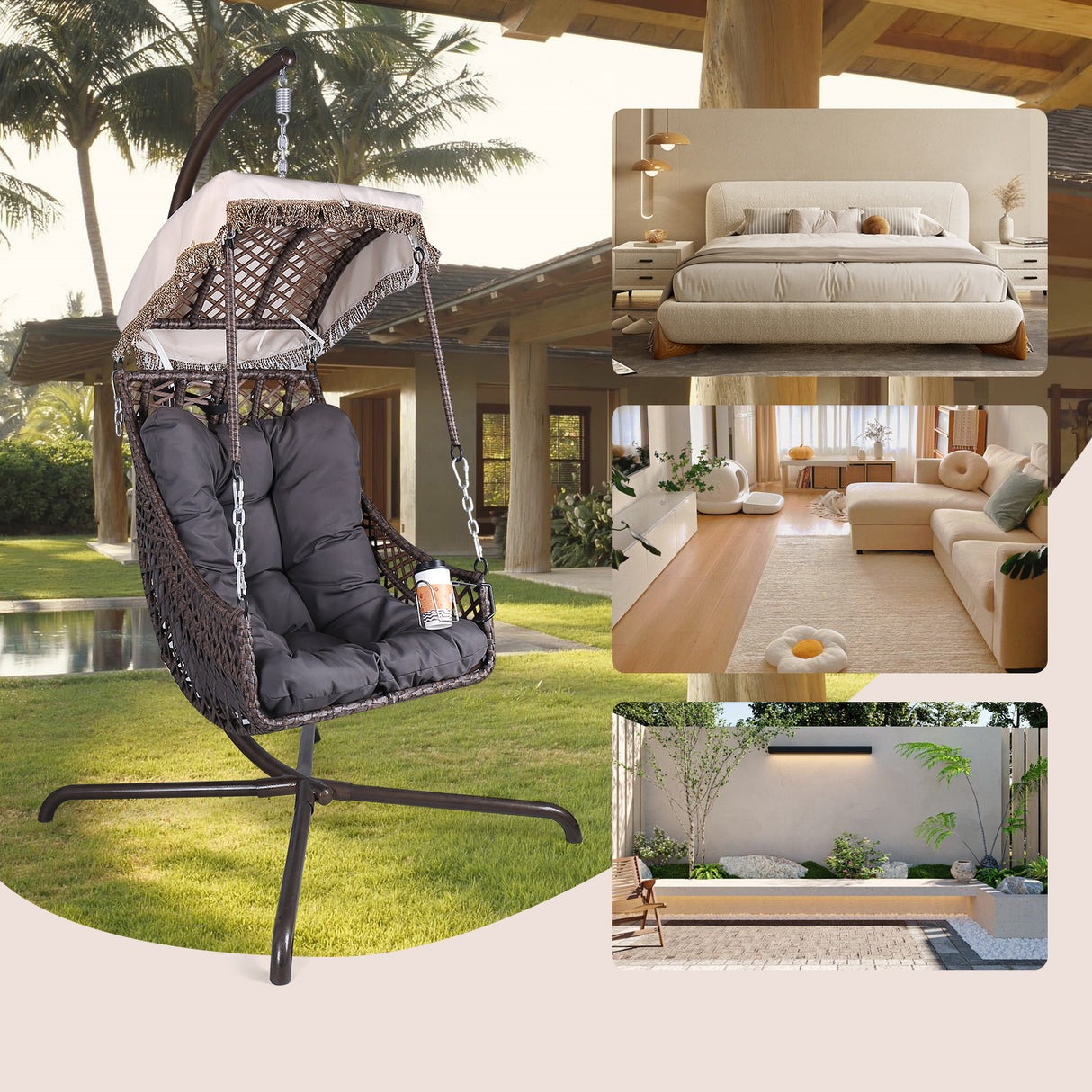 Swing Egg Chair with Stand Indoor Outdoor Wicker Rattan Frame 350lbs Capacity Hammock Chair - V.I.P Digital Presence