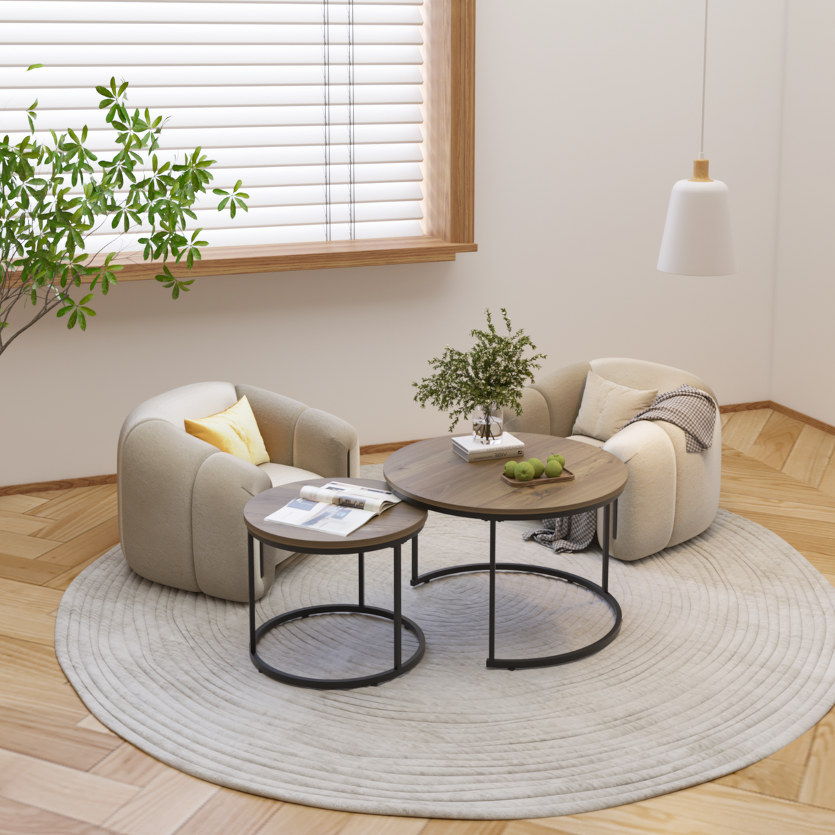A set of nested coffee tables, 27.6-inch round coffee table, industrial wood veneer, with sturdy metal frame (brown) - V.I.P Digital Presence