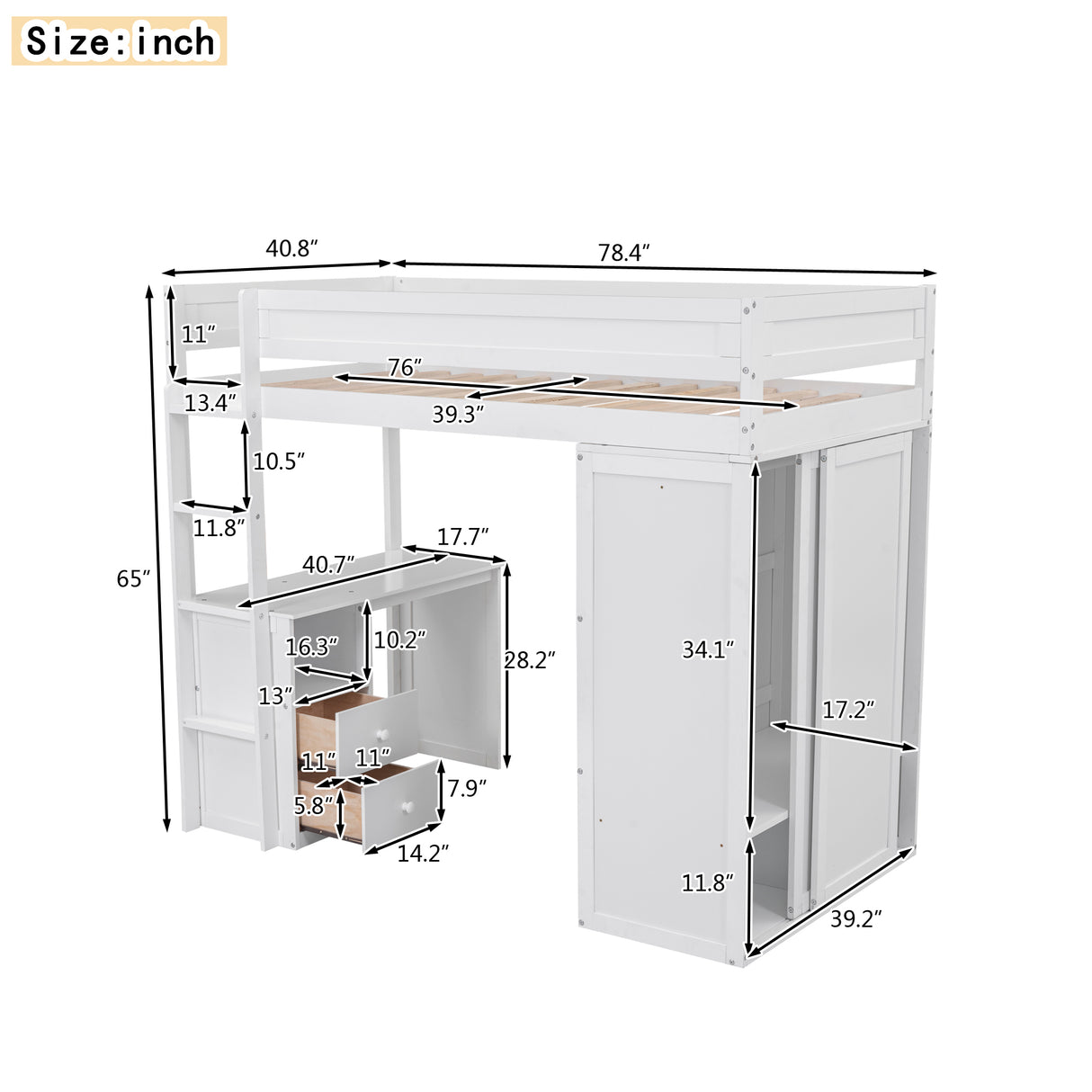 Wood Twin Size Loft Bed with Wardrobes and 2-Drawer Desk with Cabinet White