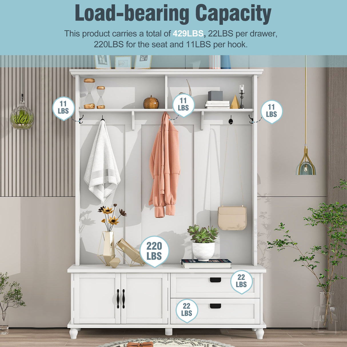 ON-TREND Modern Style Hall Tree with Storage Cabinet and 2 Large Drawers, Widen Mudroom Bench with 5 Coat Hooks, White - V.I.P Digital Presence
