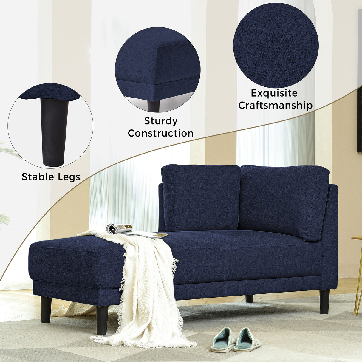 65" Mid-Century Modern Linen Fabric Corner Lounge Chair, Upholstered Indoor Chaise Lounge Solid Wood Sofa Bed for Bedroom - V.I.P Digital Presence