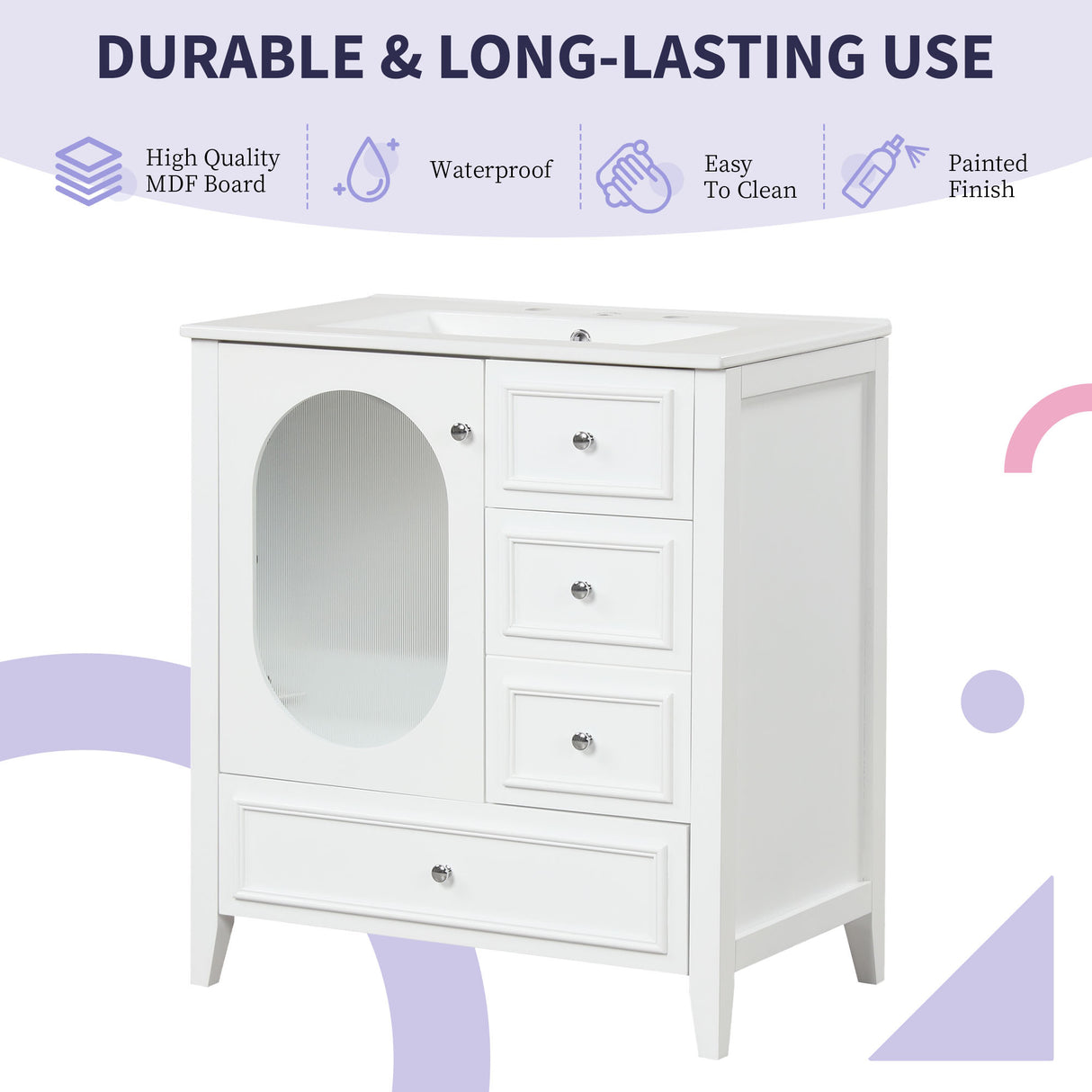 30" Bathroom Vanity with Sink, Bathroom Vanity Cabinet with Three Drawers and Door, Solid Wood and MDF, White - V.I.P Digital Presence